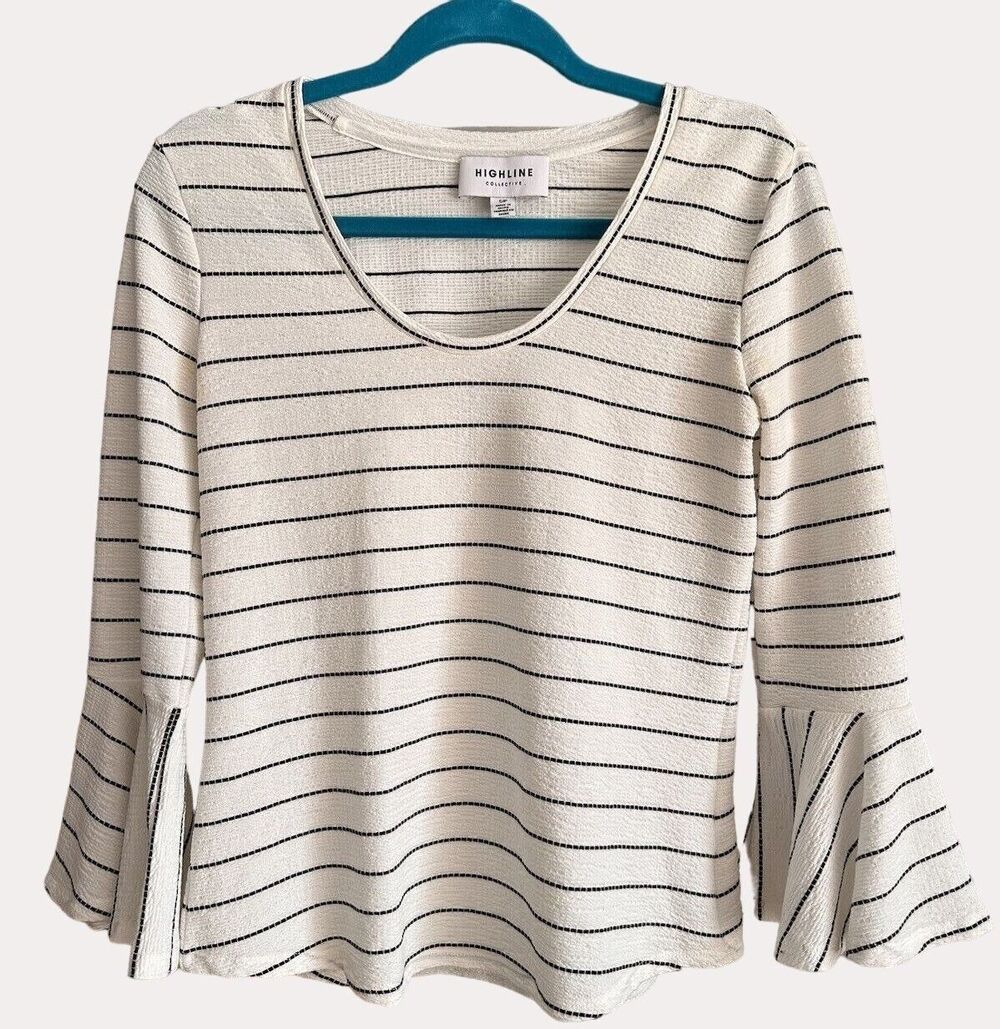 Highline Collective Madewell Bell Sleeve Striped Knit Top Blouse White Black S